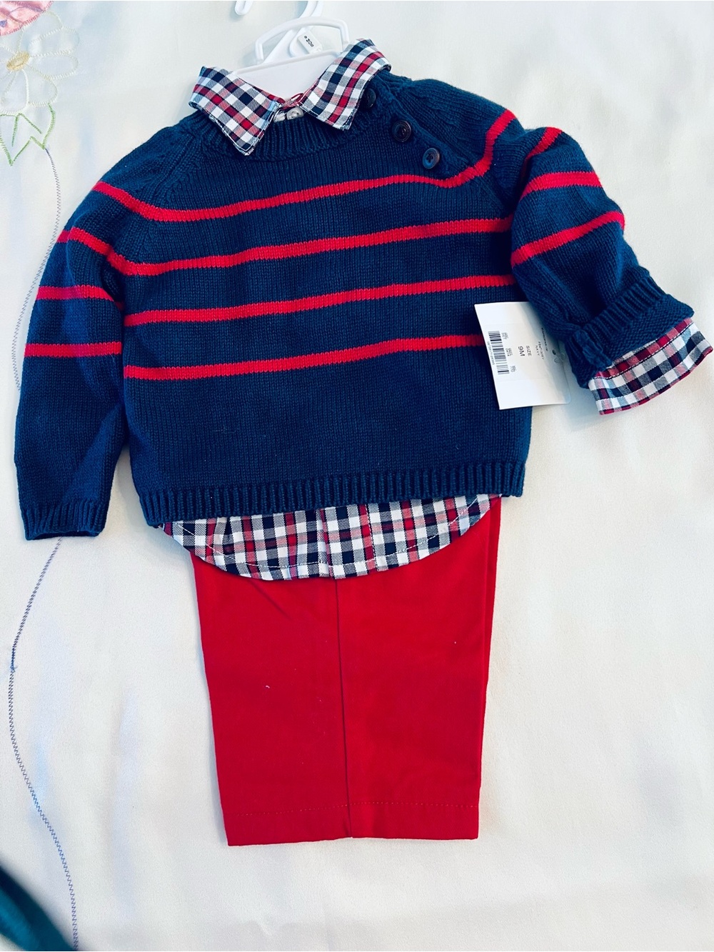 Starting Out Navy & Red Striped Knit Sweater Set with Plaid Shirt and Red Pants